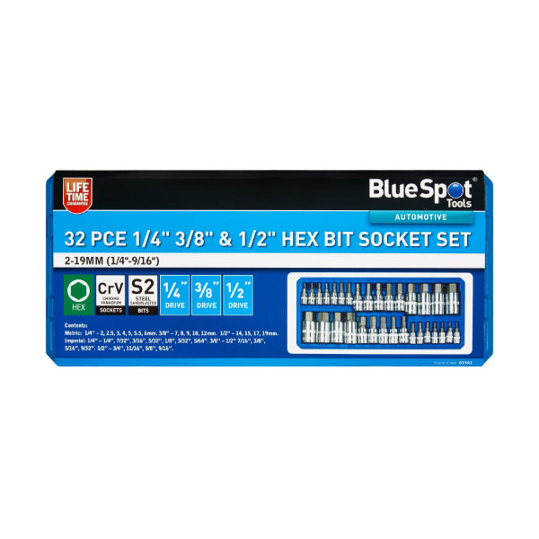 Blue Spot Tools 32 PCE 1/4" 3/8" & 1/2" Hex Bit Socket Set (2-19mm) (1/4"-9/16")