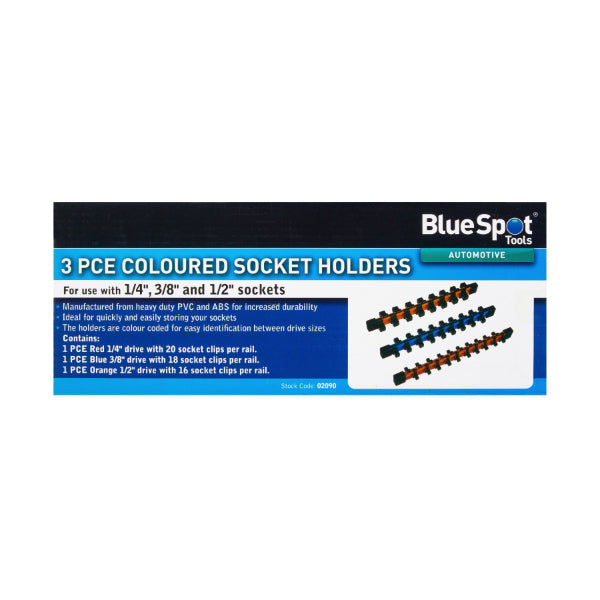 Blue Spot Tools 3 PCE Coloured Socket Holders (54 Clips) (1/4"-3/8"-1/2")