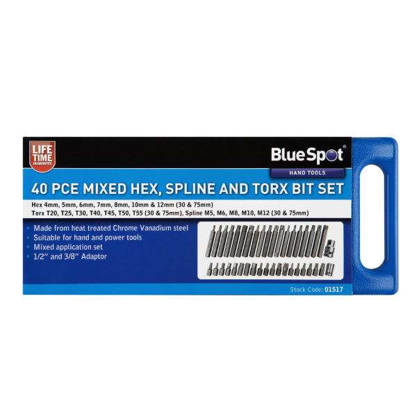 Blue Spot Tools 40 Pce 1/2" & 3/8" Mixed Hex, Spline and Torx Bit Set